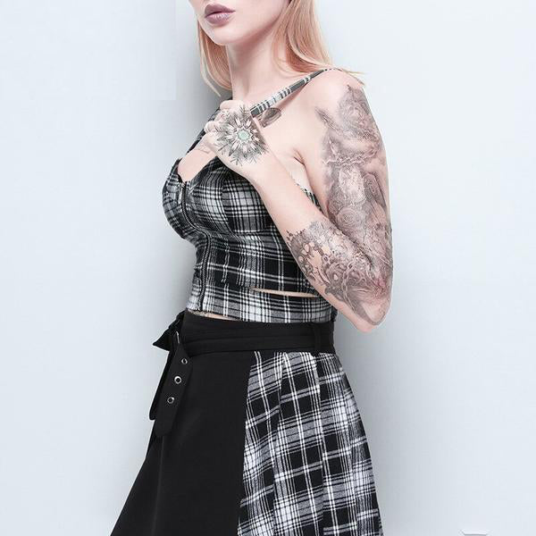 Goth Dark Plaid Zipper Strap Tops