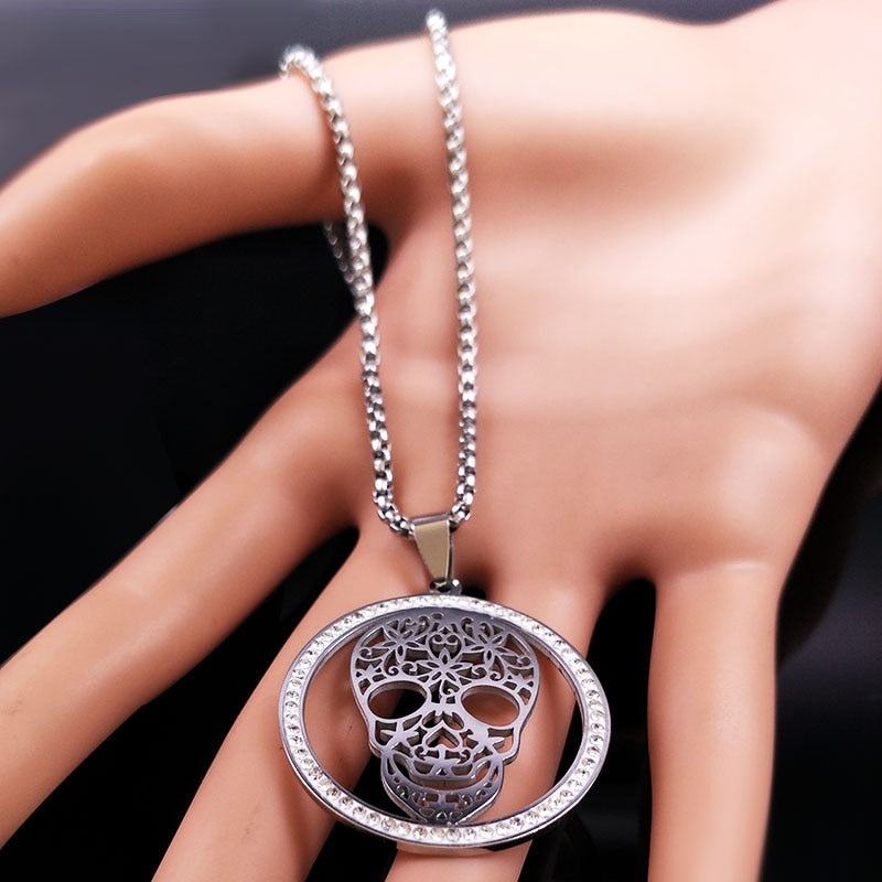 Skull Crystal Stainless Steel Necklace Women