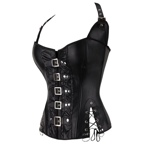 Punk Rock Faux Leather Buckle-up Halter Corset