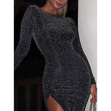 Glitter Long Dress Women Side Slit Long Sleeve