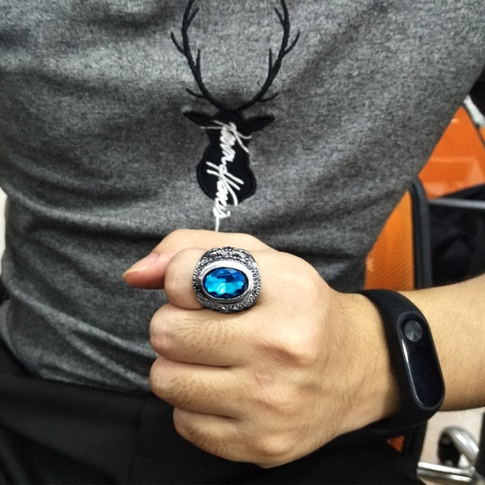 Big Sheep Goat Horn Head Finger Ring Blue Crystal Stone Jewelry