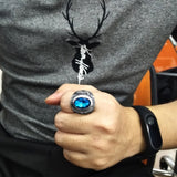 Big Sheep Goat Horn Head Finger Ring Blue Crystal Stone Jewelry