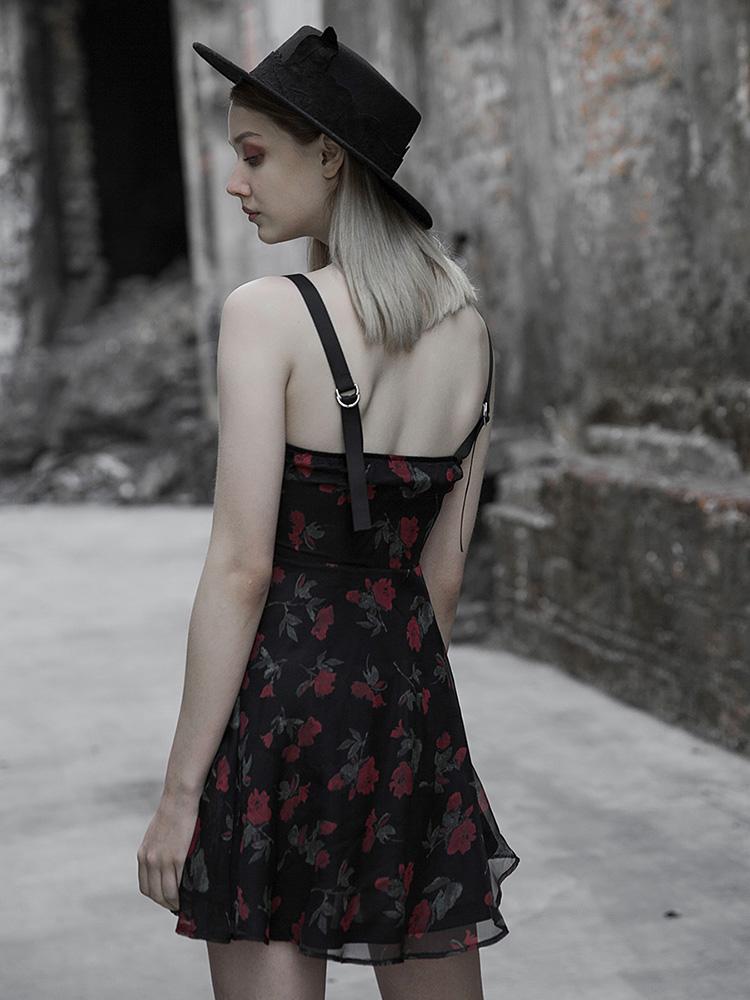 Retro Goth Strappy Floral Mini Dress
