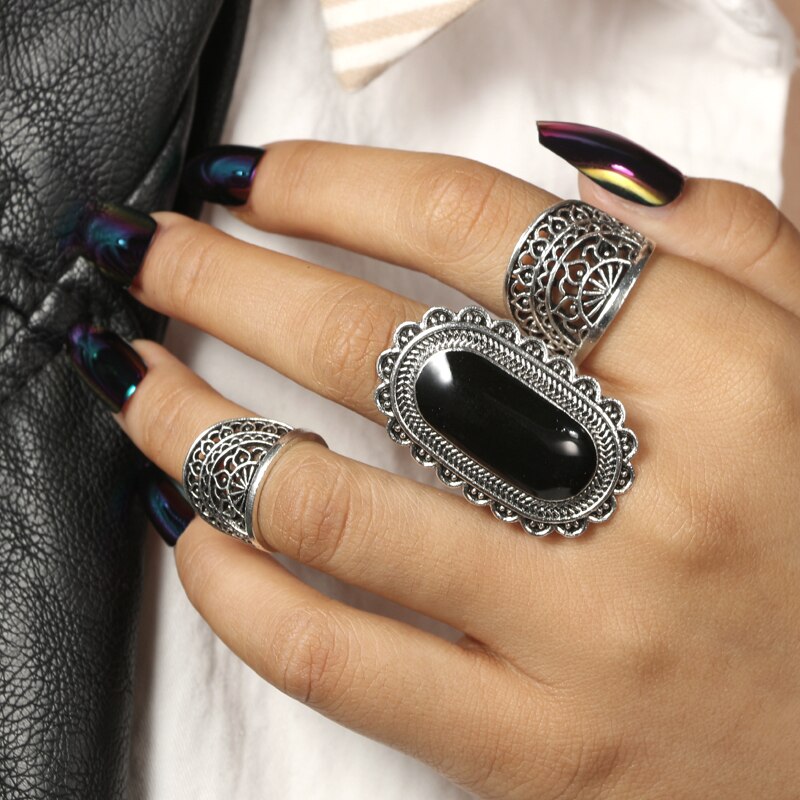 Stone Flower Rings Set