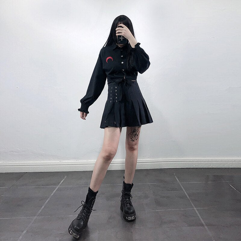 Gothic Shirt Long Sleeve Moon Embroidery