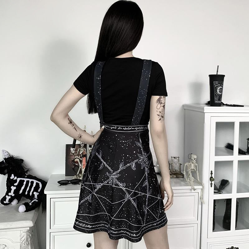 Gothic Strap Dress Moon Print Adjustable Shoulder