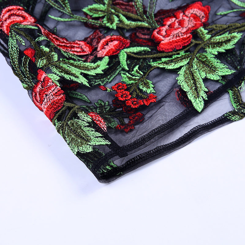 Sexy Rose Embroidery Maxi Mesh Dress