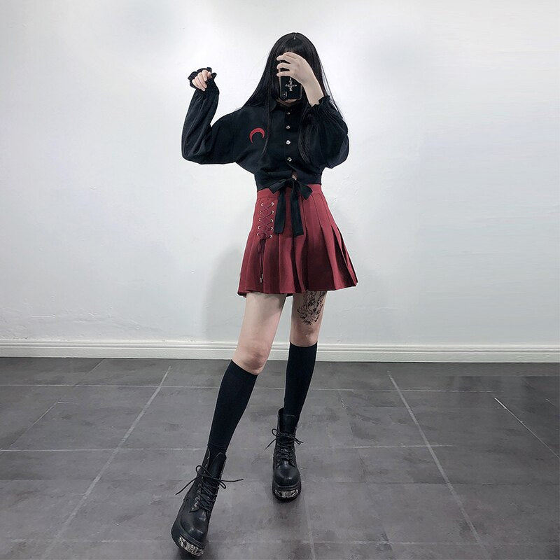 Gothic Shirt Long Sleeve Moon Embroidery