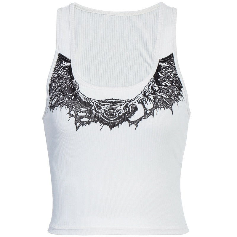 Gothic Sexy White Tank Tops Bat Print