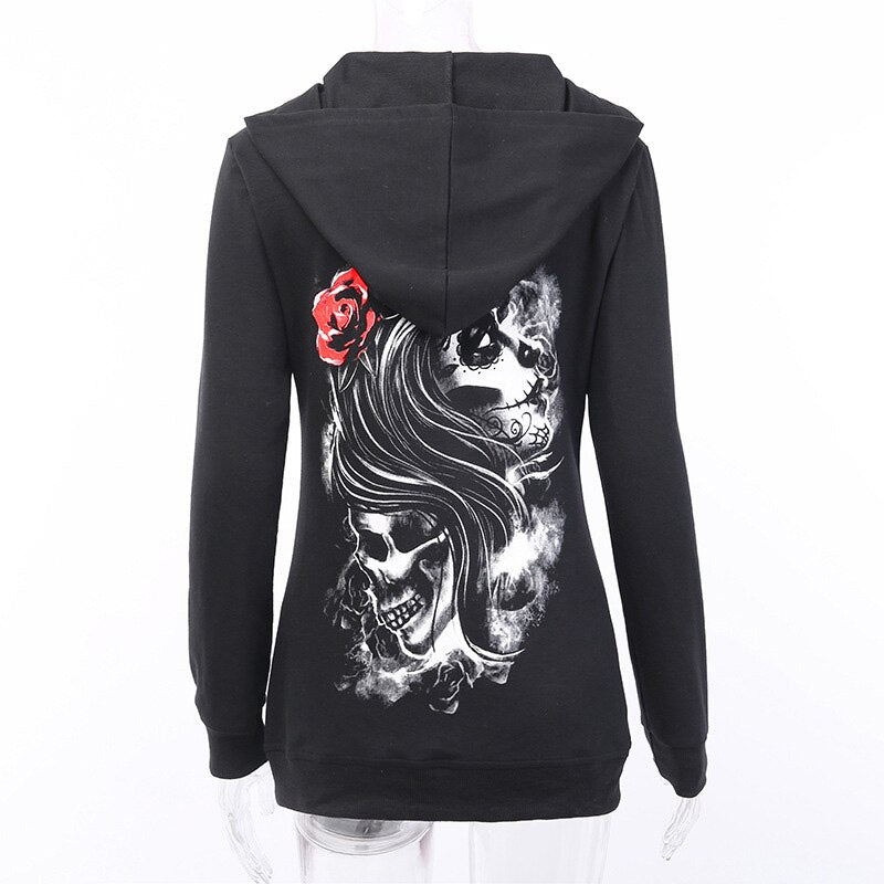Gothic Hoodies Skull Print Zip-Up