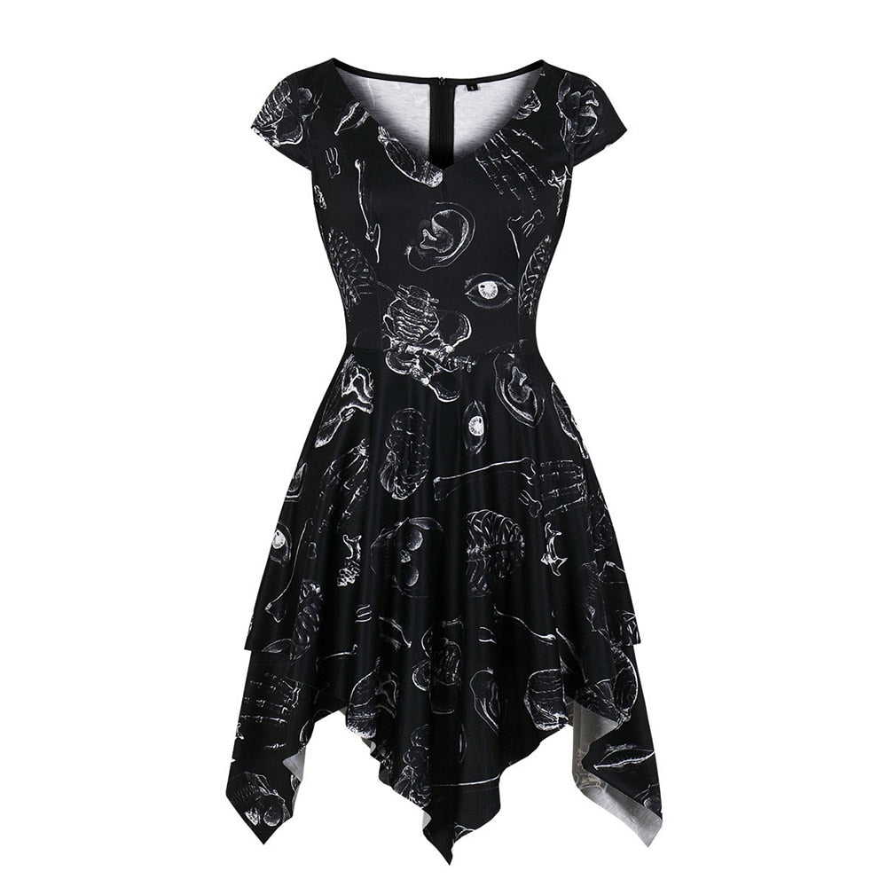 Casual Skull Print Gothic Dress Asymmetric
