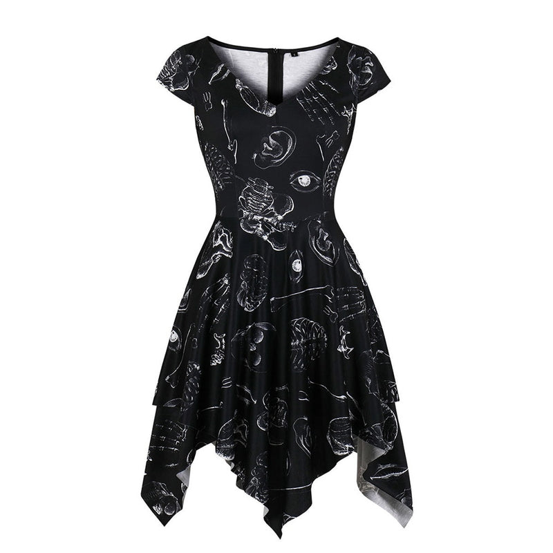 Casual Skull Print Gothic Dress Asymmetric