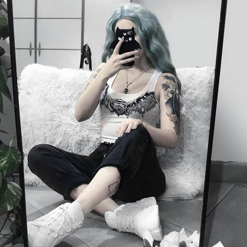 Gothic Sexy White Tank Tops Bat Print