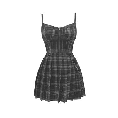 Gothic Sexy Sling Dress Pleated Plaid