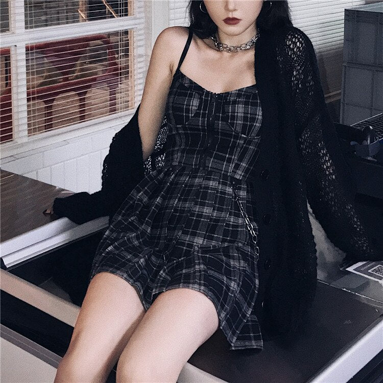 Gothic Sexy Sling Dress Pleated Plaid