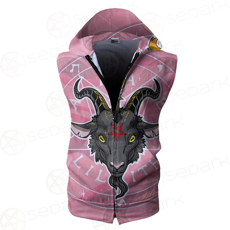 Baphomet Head In Pink Circle Zip Sleeveless Hoodie