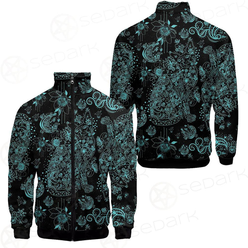Black Sphynx Cat Tattoo Pattern Stand-up Collar Jacket