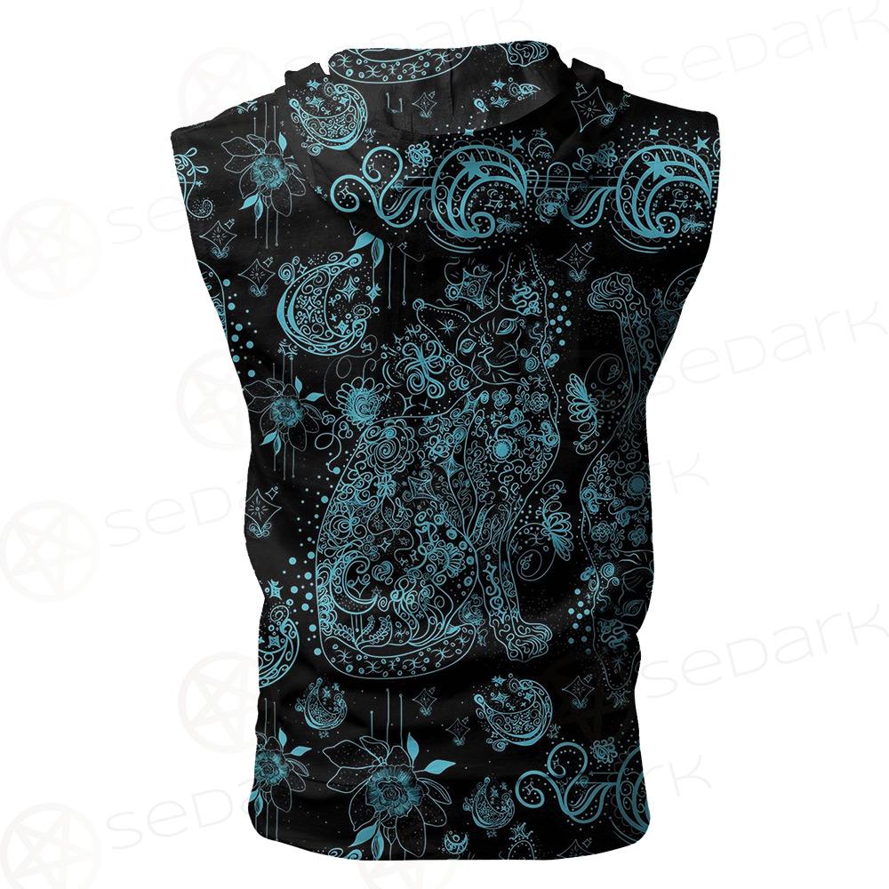 Black Sphynx Cat Tattoo Pattern Zip Sleeveless Hoodie