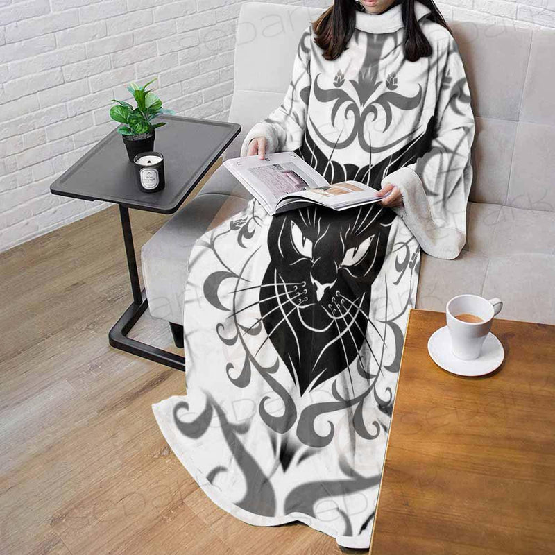 Black Cat Face With Floral Elements. SDN-1054 Sleeved Blanket