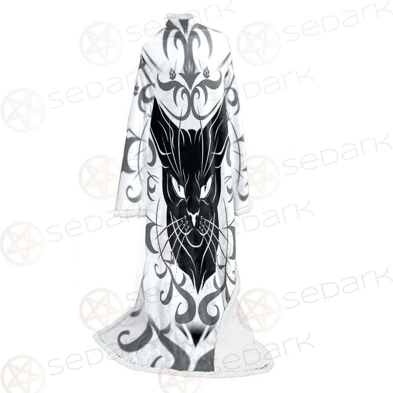 Black Cat Face With Floral Elements. SDN-1054 Sleeved Blanket