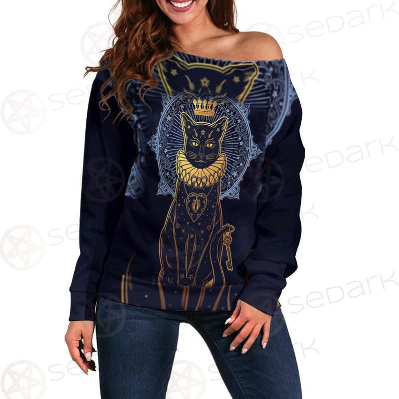 Black Cat Silhouette Portrait SDN-1056 Off Shoulder Sweaters