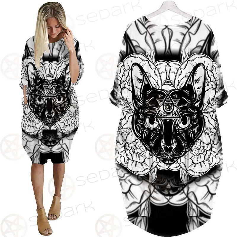 Ustration Of Cat With Flowers SDN-1057 Batwing Pocket Dress