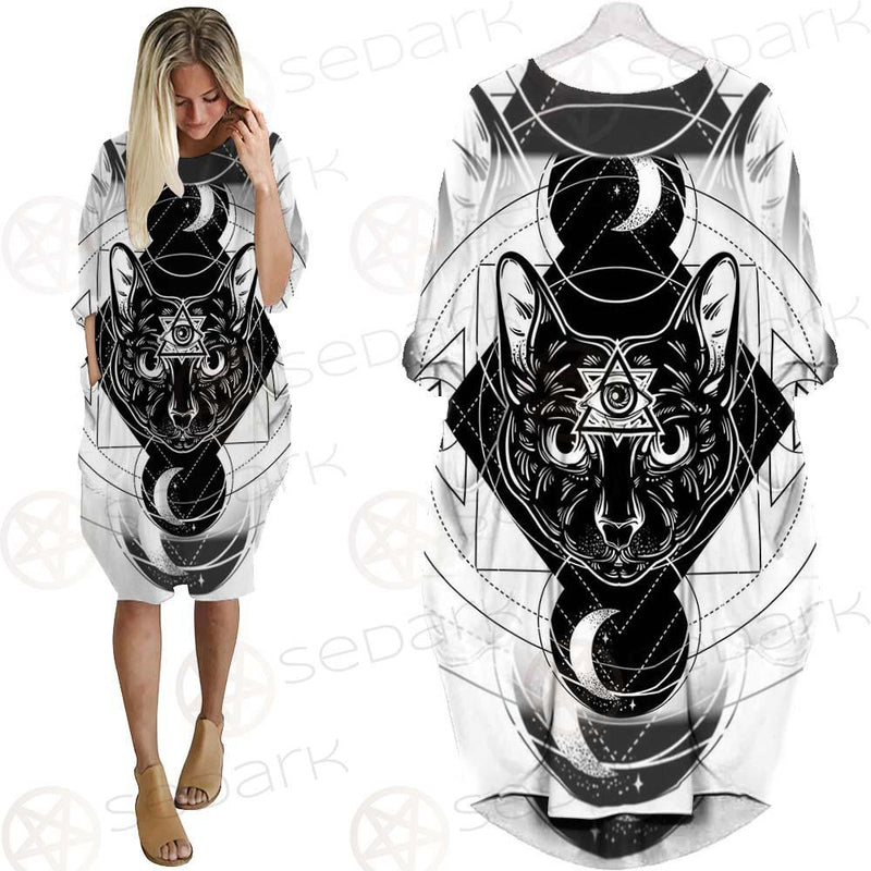 Hand Drawn Illustration Of Cat SDN-1064 Batwing Pocket Dress