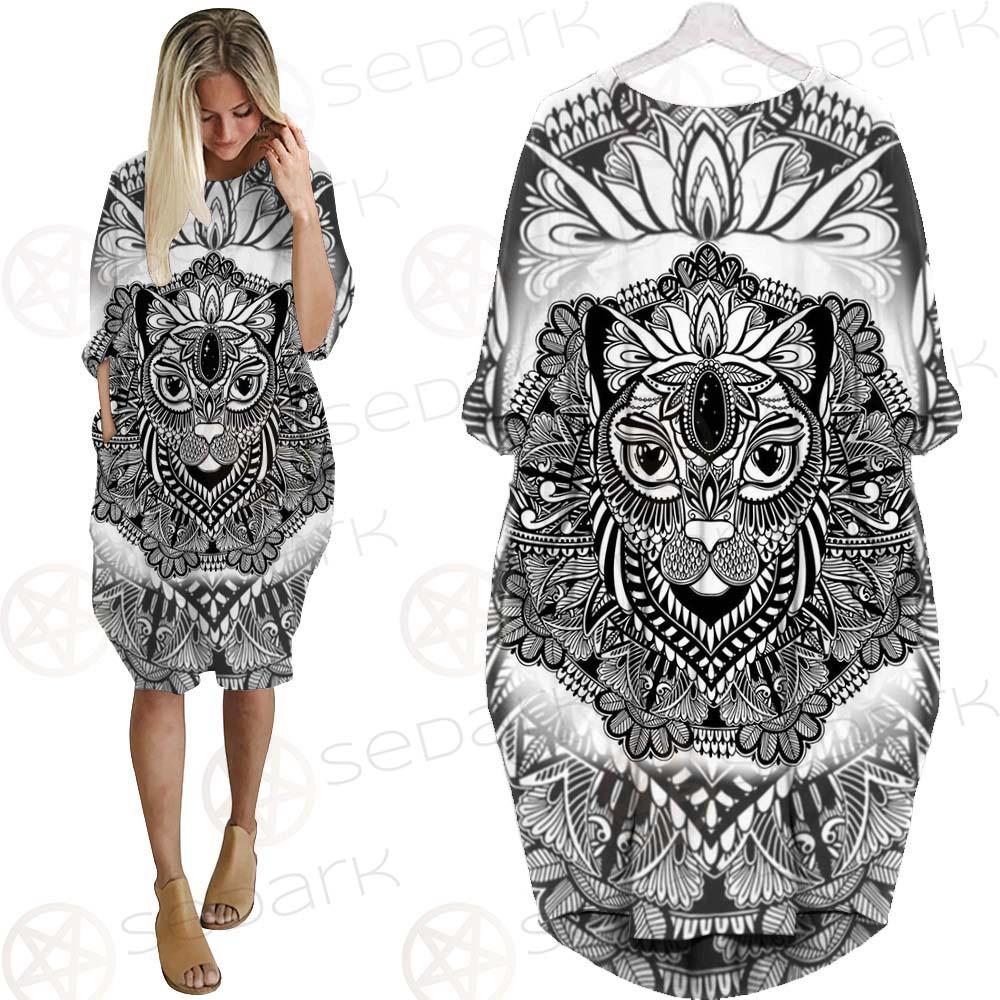 Cat Mystic And Mandala Tattoo SDN-1065 Batwing Pocket Dress