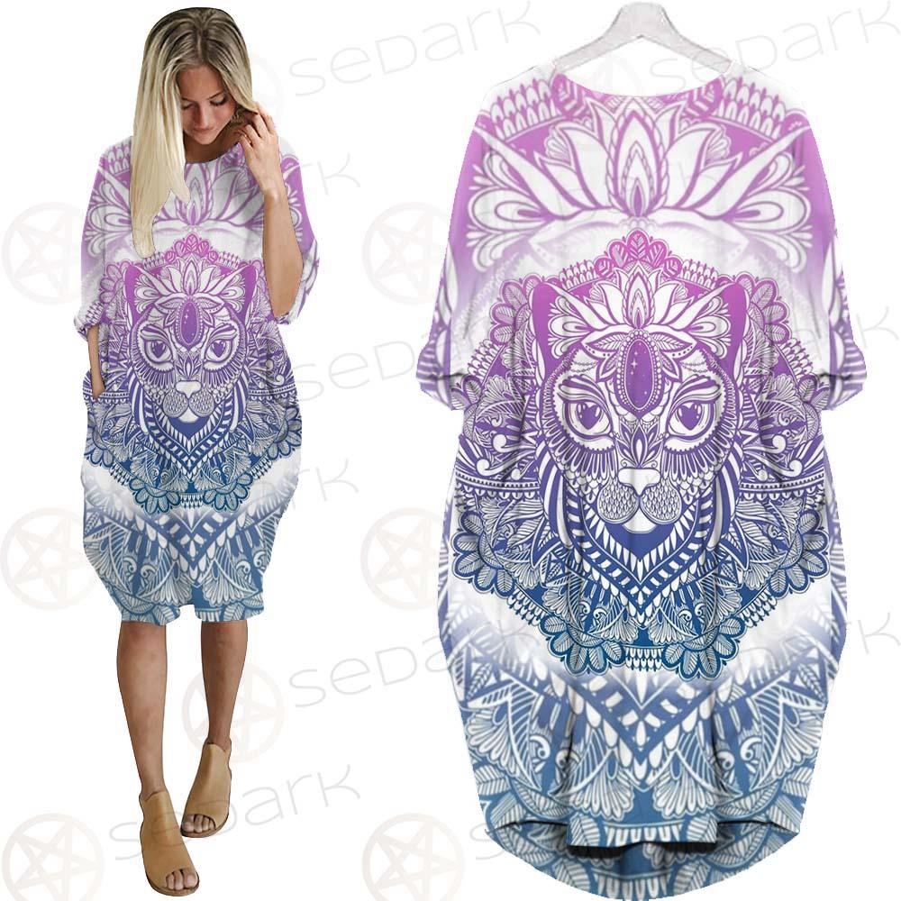 Cat Mystic And Mandala Tattoo SDN-1067 Batwing Pocket Dress