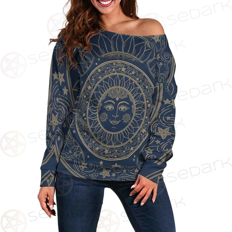 Sun Face With Stars Medallion Ornament SDN-1071 Off Shoulder Sweaters