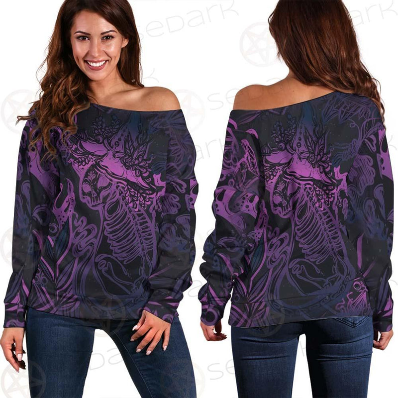 Vector Composition With Mystical Cat Skeleton SDN-1085 Off Shoulder Sweaters