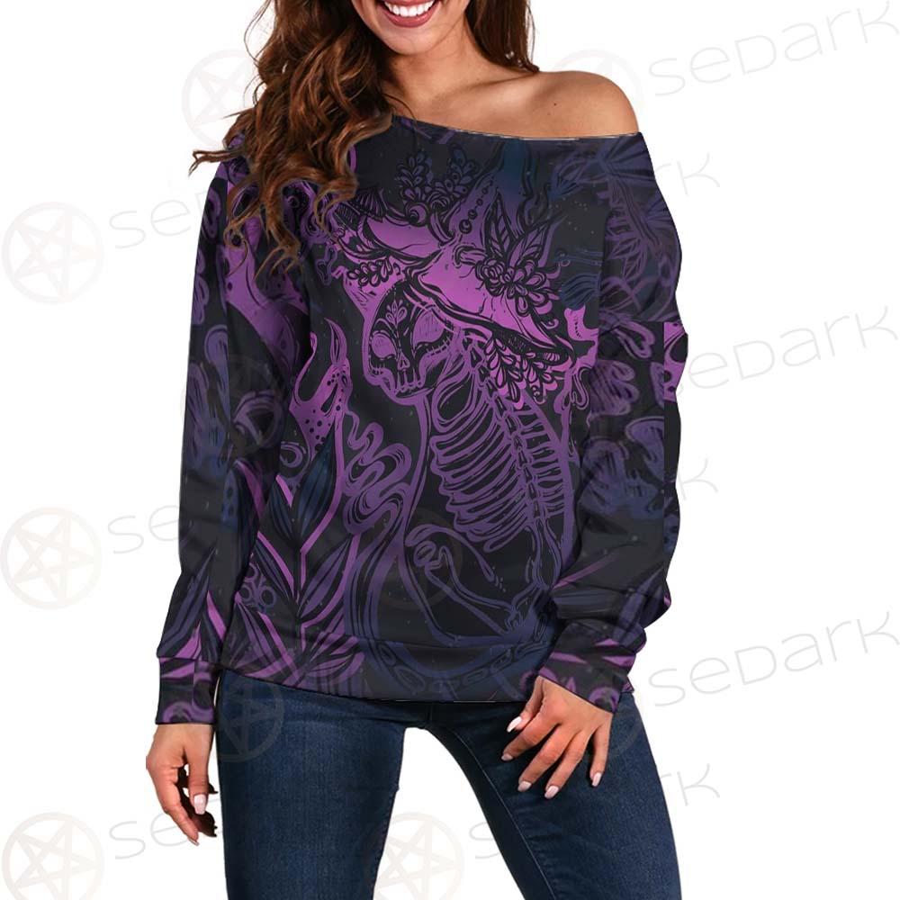 Vector Composition With Mystical Cat Skeleton SDN-1085 Off Shoulder Sweaters
