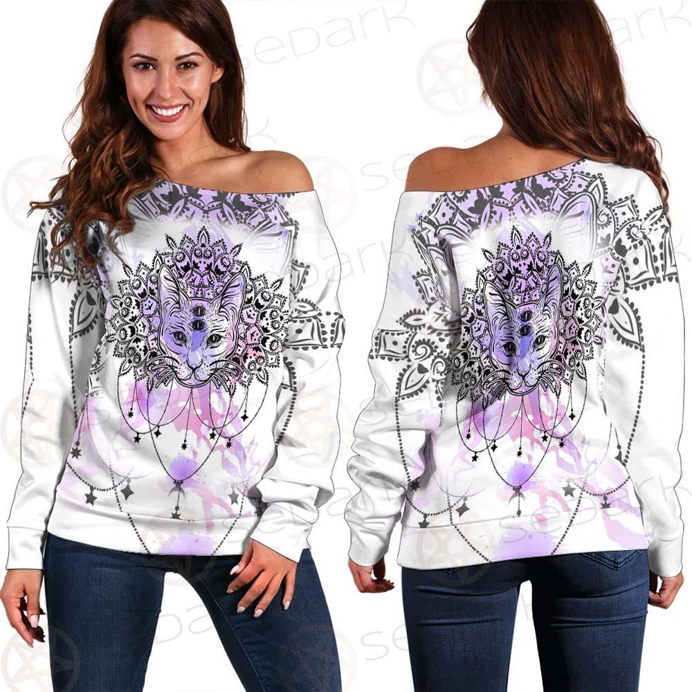 Dreamcatcher With Four Eyed Cat SDN-1086 Off Shoulder Sweaters