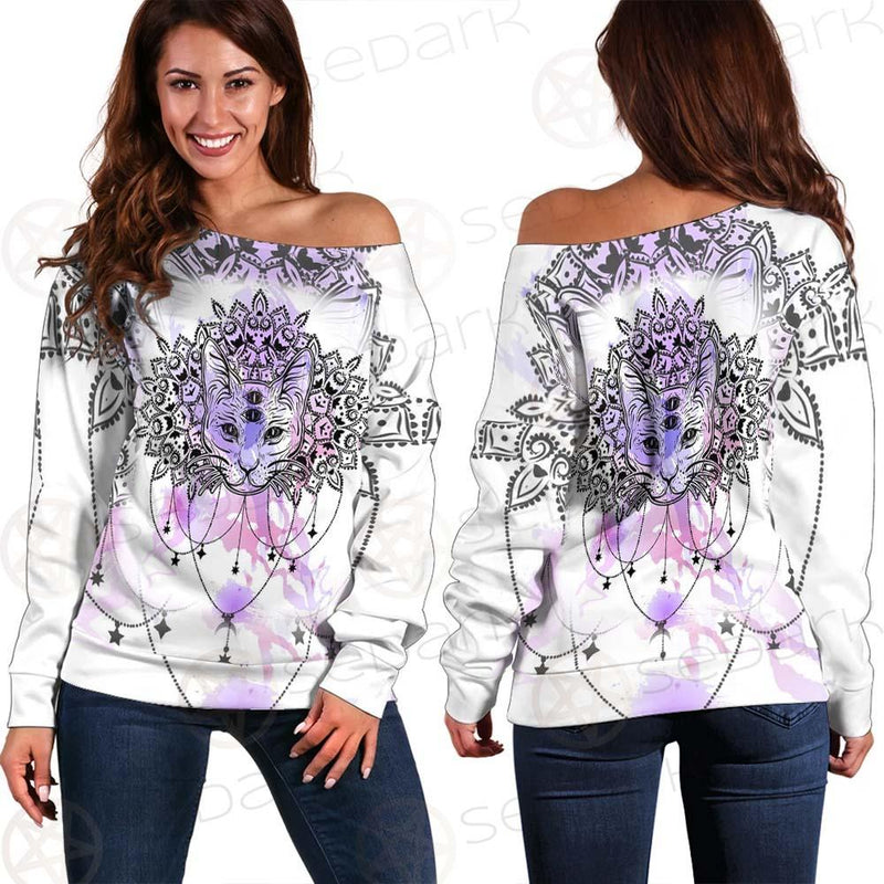 Dreamcatcher With Four Eyed Cat SDN-1086 Off Shoulder Sweaters