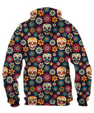 Sugar Skulls And Flowers On Dark Hoodie