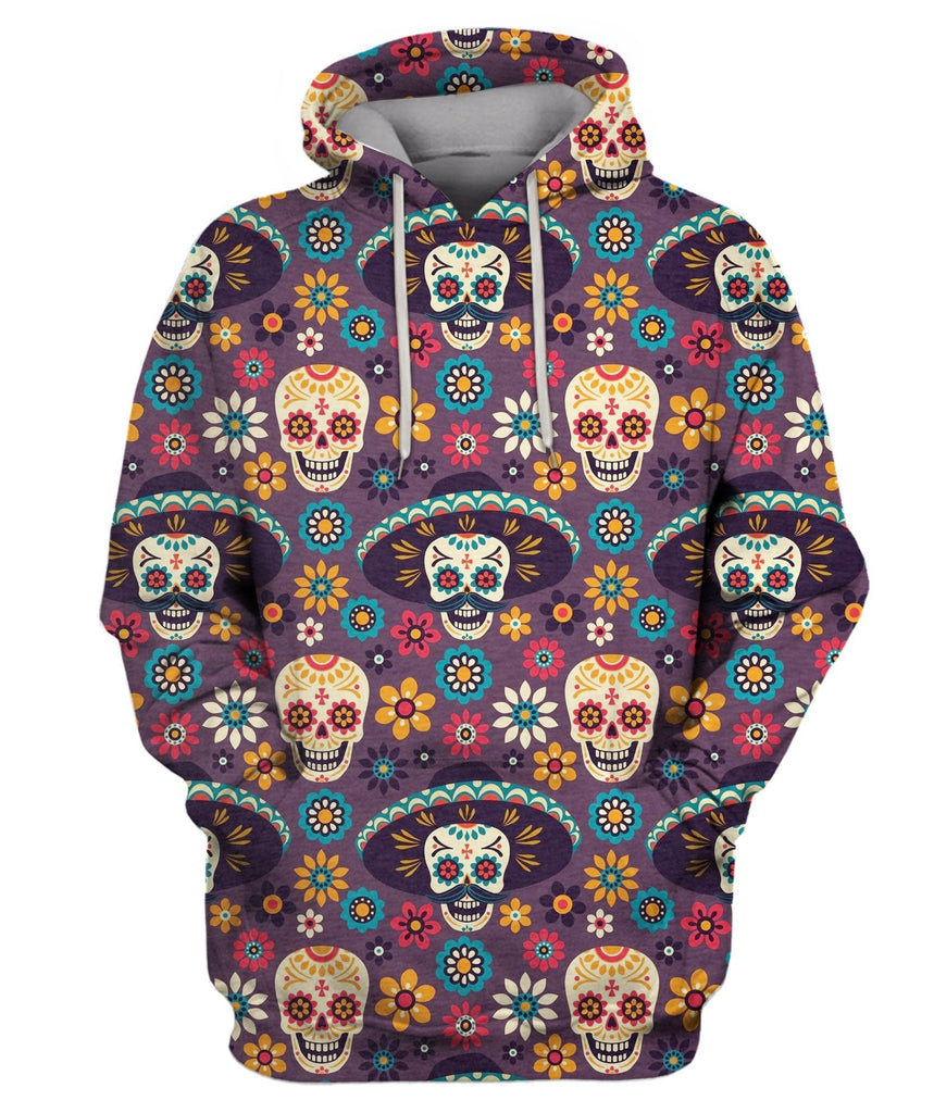 Sugar Skulls And Flowers On Dark Hoodie