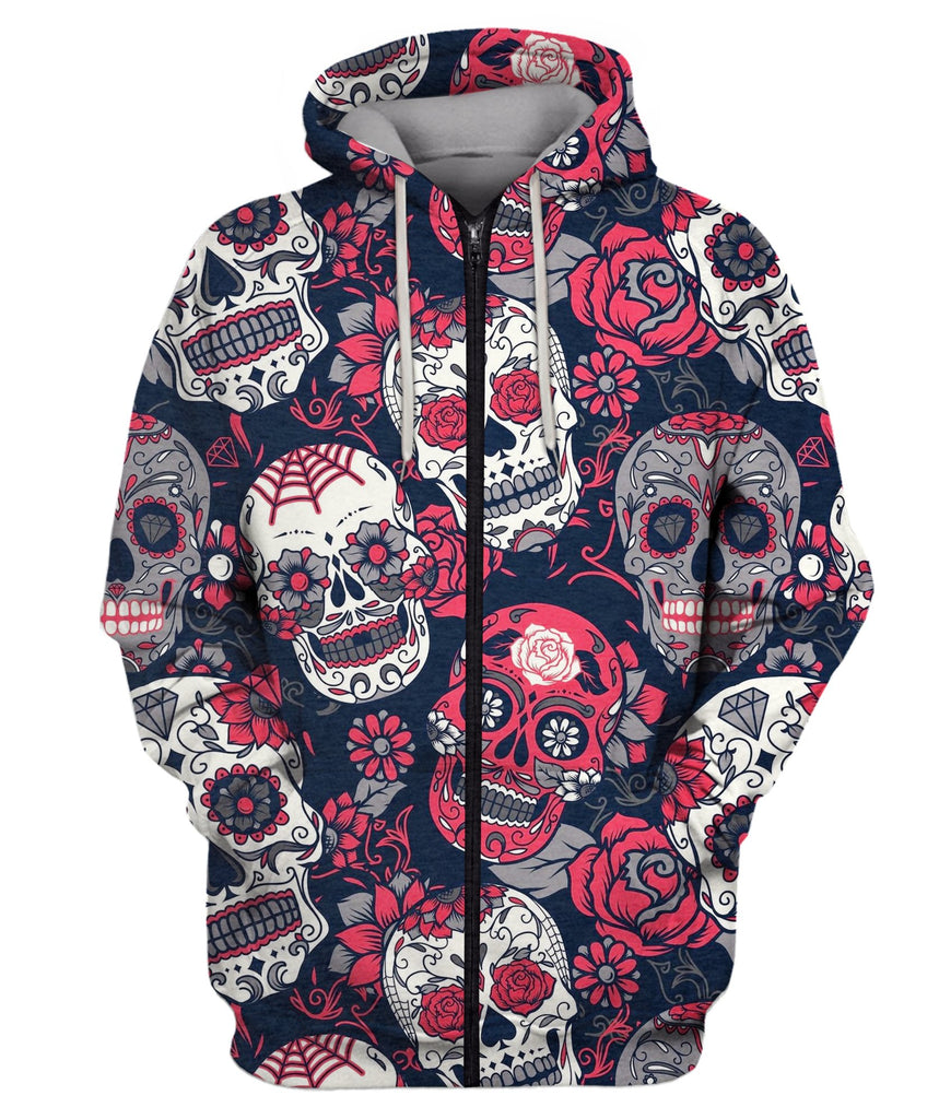 Sugar Skull With Floral Ornament Zip Hoodie