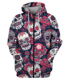 Sugar Skull With Floral Ornament Zip Hoodie