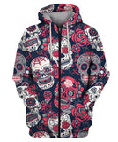 Sugar Skull With Floral Ornament Zip Hoodie