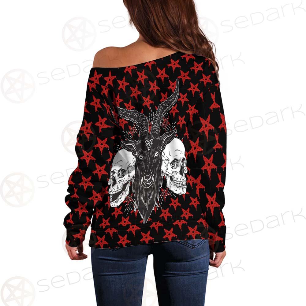 Baphomet Demon Goat Head And Human Skulls SED-0355 Off Shoulder Sweaters
