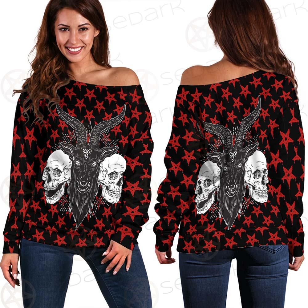 Baphomet Demon Goat Head And Human Skulls SED-0355 Off Shoulder Sweaters