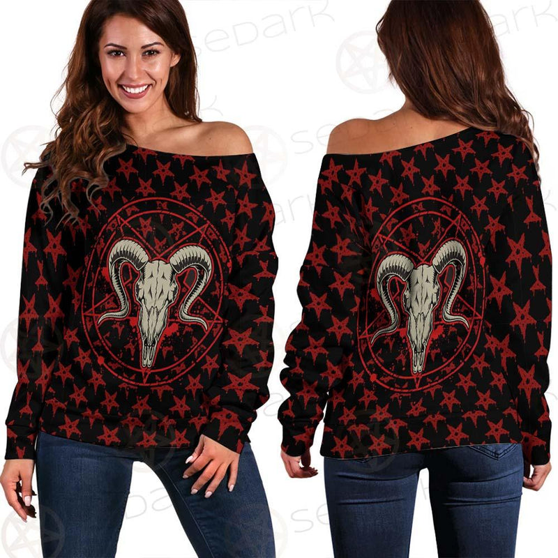 Monochrome Emblems With Goat Skull SED-0360 Off Shoulder Sweaters