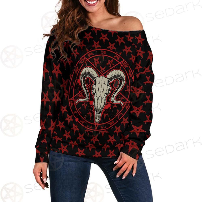 Monochrome Emblems With Goat Skull SED-0360 Off Shoulder Sweaters