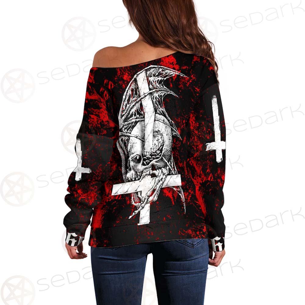 Satan Head Cross Inverted SED-0493 Off Shoulder Sweaters