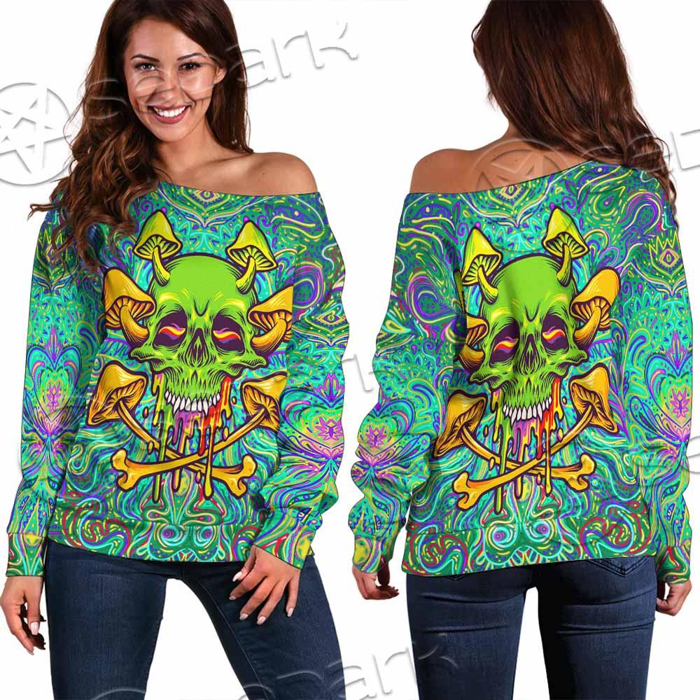 Sugar Skull Magic Mushrooms Psychedelic 1 SED-0867 Off Shoulder Sweaters