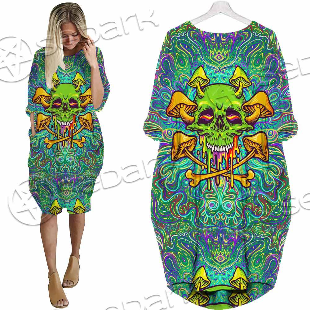 Sugar Skull Magic Mushrooms Psychedelic 1 SED-0867 Batwing Pocket Dress