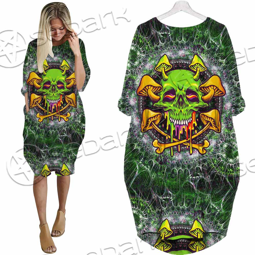 Sugar Skull Magic Mushrooms Psychedelic 2 SED-0868 Batwing Pocket Dress