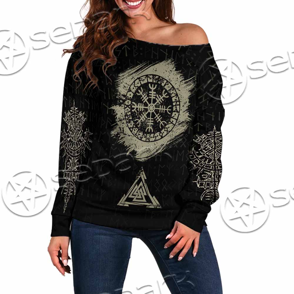 Viking Celtic Sacral Symbol. SED-1121 Off Shoulder Sweaters