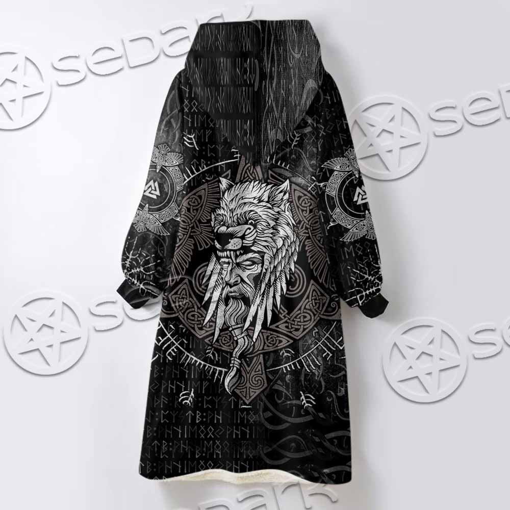 Odin Viking Warrior On A Runic SED-1130 Oversized Sherpa Blanket Hoodie