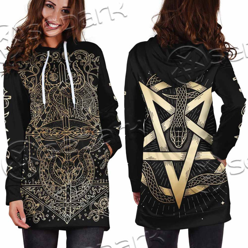 Gold Pentagram Symbol Wrapped By Snake SED-1137 Hoodie Dress